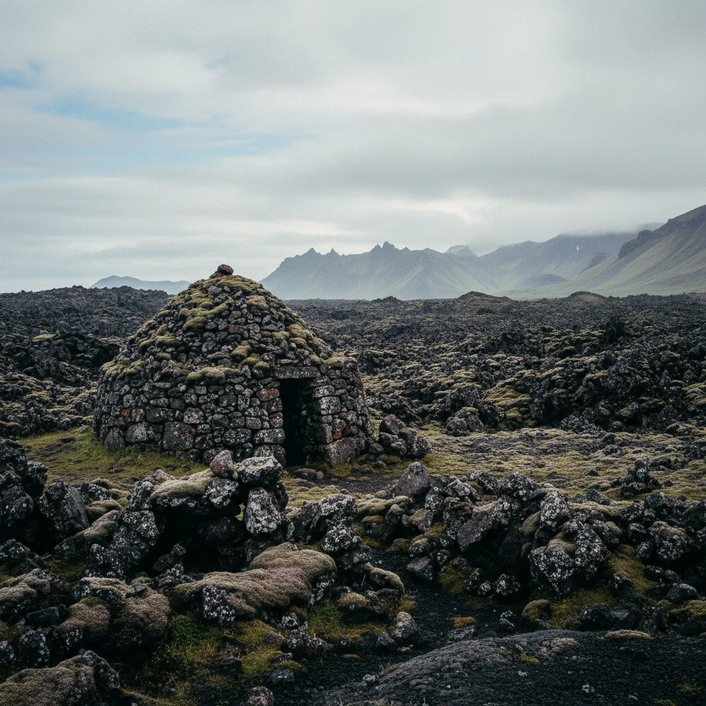 Kleines Elfenhaus aus Stein in einem isländischen Lavafeld