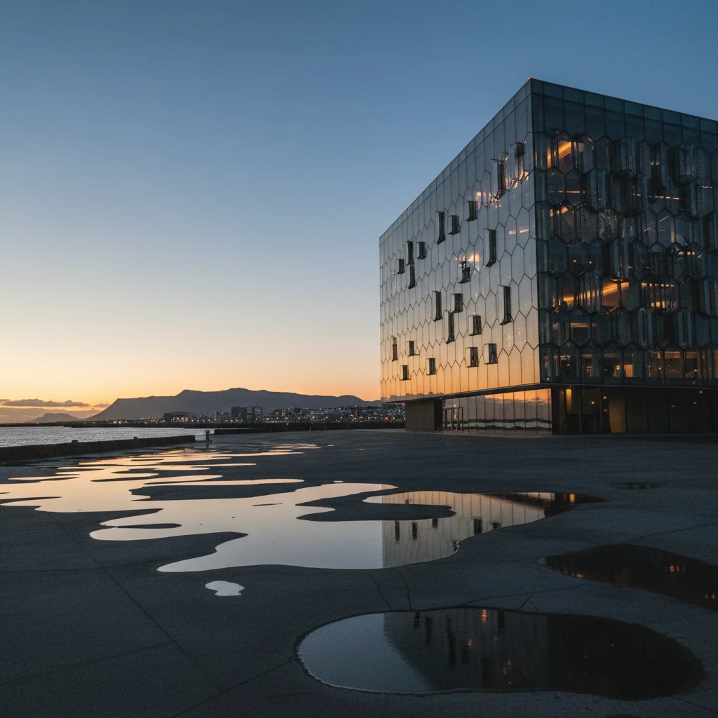 Die Harpa Konzerthalle in Reykjavík bei Abenddämmerung