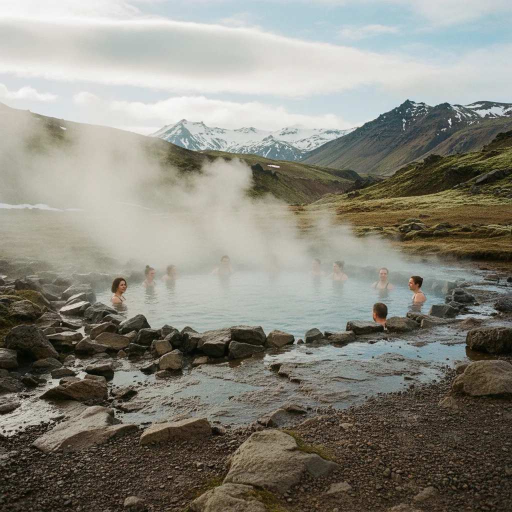 Isländischer Hot Pot im Freien mit dampfendem Wasser und Bergkulisse