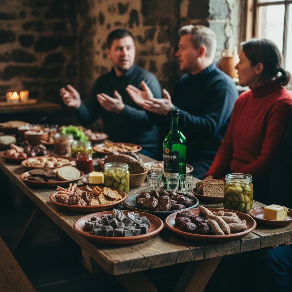 Isländischer Þorrablót-Tisch mit traditionellen Speisen