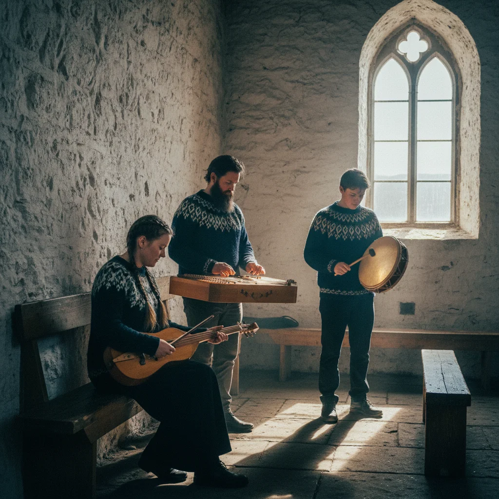 Isländische Musiker spielen traditionelle Instrumente in einer Kirche