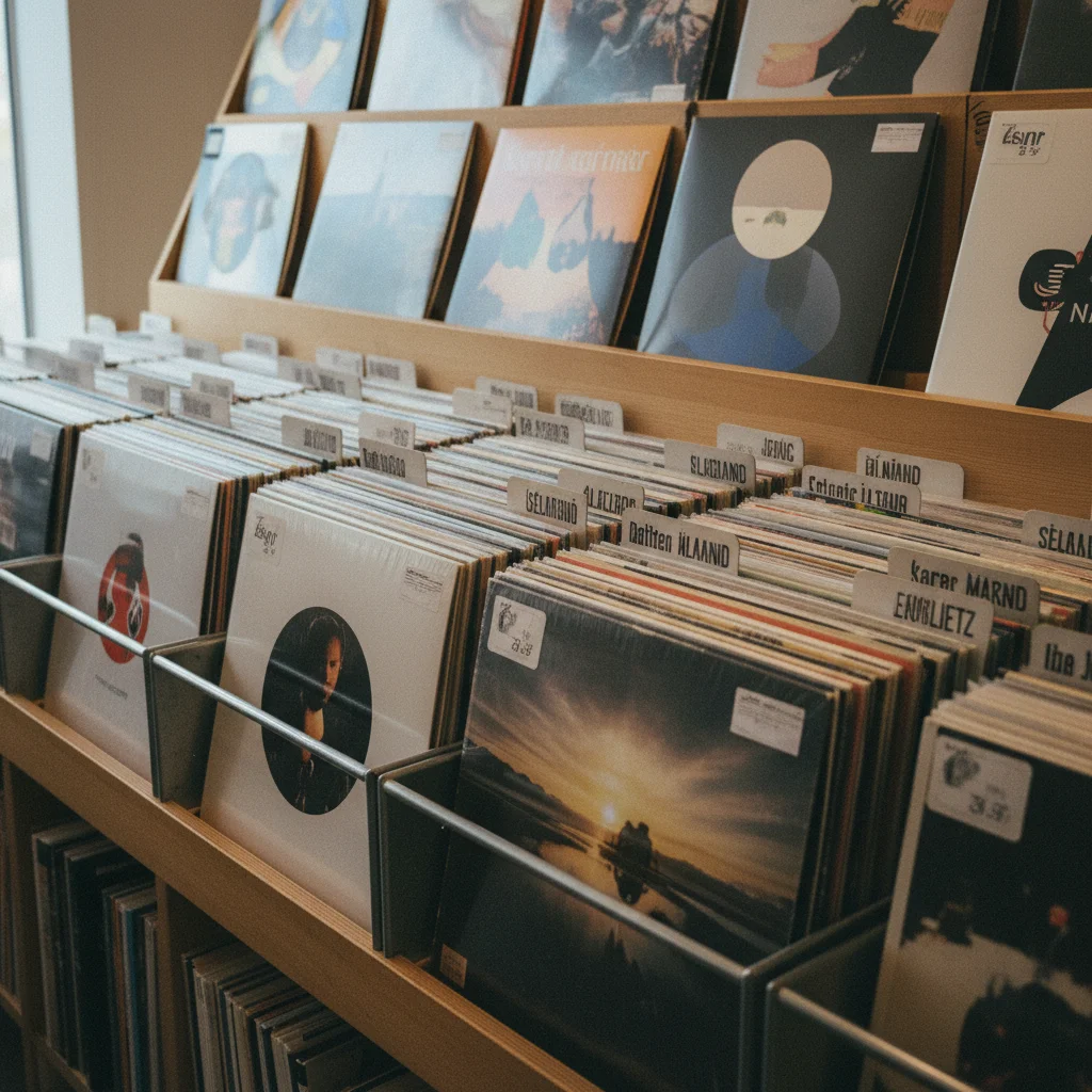 Plattenladenregal mit isländischen Vinyl-Alben in Reykjavík