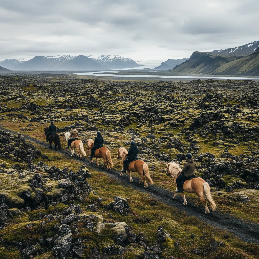 Reiter auf Islandpferden reiten durch eine weite isländische Lavalandschaft