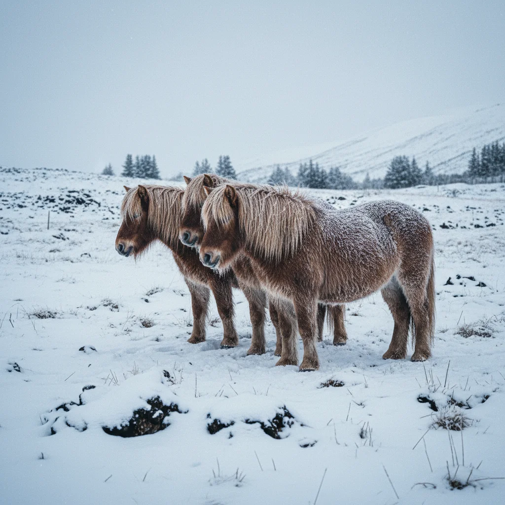 Islandpferde mit dickem Winterfell stehen in einer verschneiten Landschaft