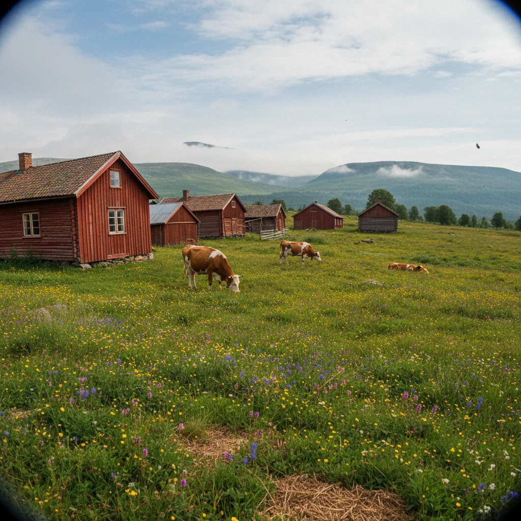 Traditioneller roter Bauernhof in Jämtland auf einer Wiese mit Fjäll im Hintergrund