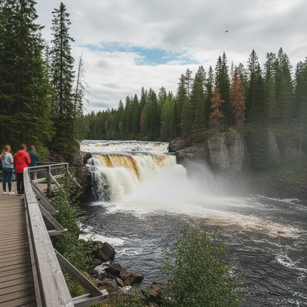 Der Ristafallet-Wasserfall in Jämtland mit breiter Wasserkaskade über Felsgestein