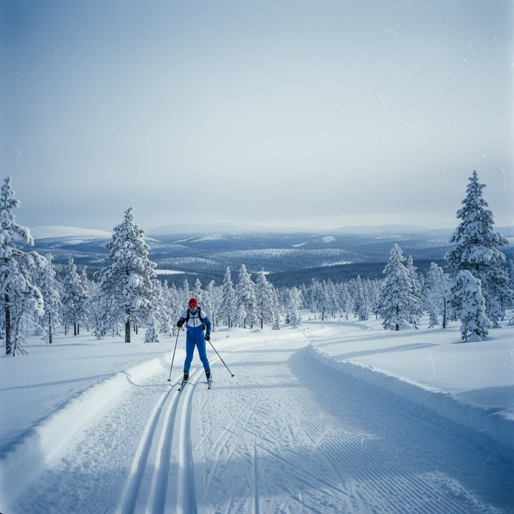 Verschneite Berglandschaft bei Åre in Jämtland mit Skipisten und Winterwald