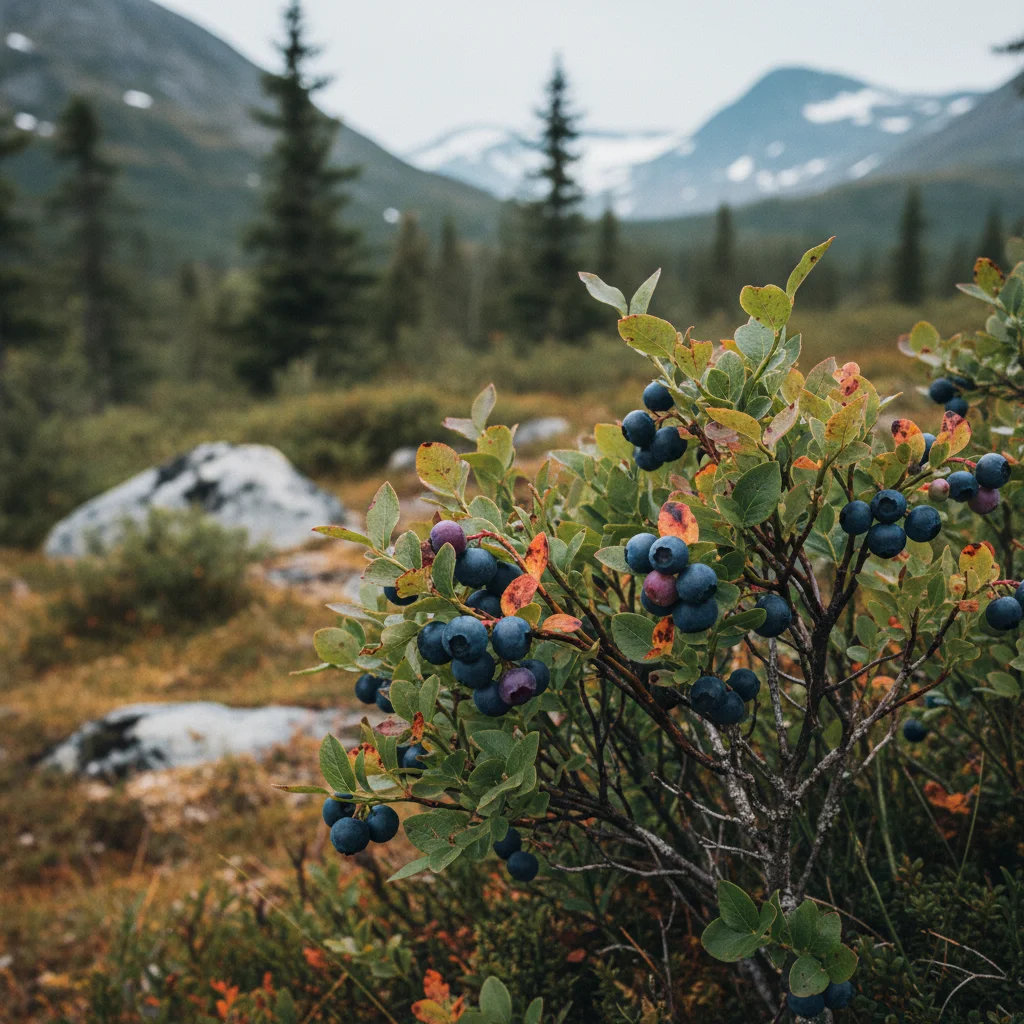 Wilde Blaubeeren an einem Strauch in der norwegischen Natur