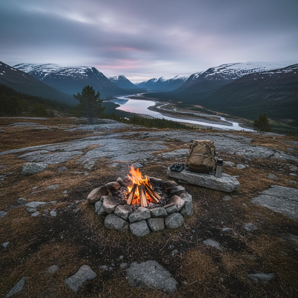 Ein kleines Lagerfeuer an einer sicheren Feuerstelle in der norwegischen Wildnis