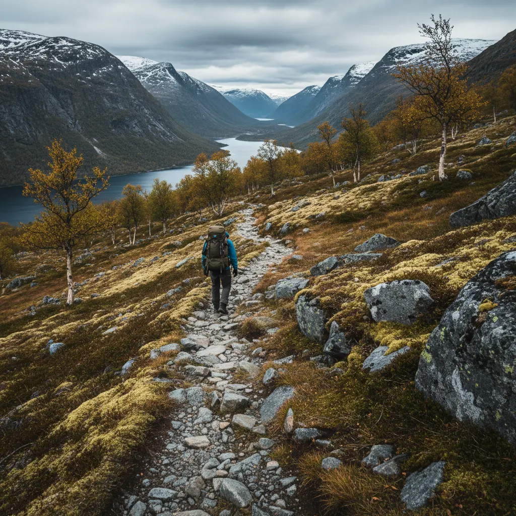 Wanderer auf einem Bergpfad in der norwegischen Wildnis