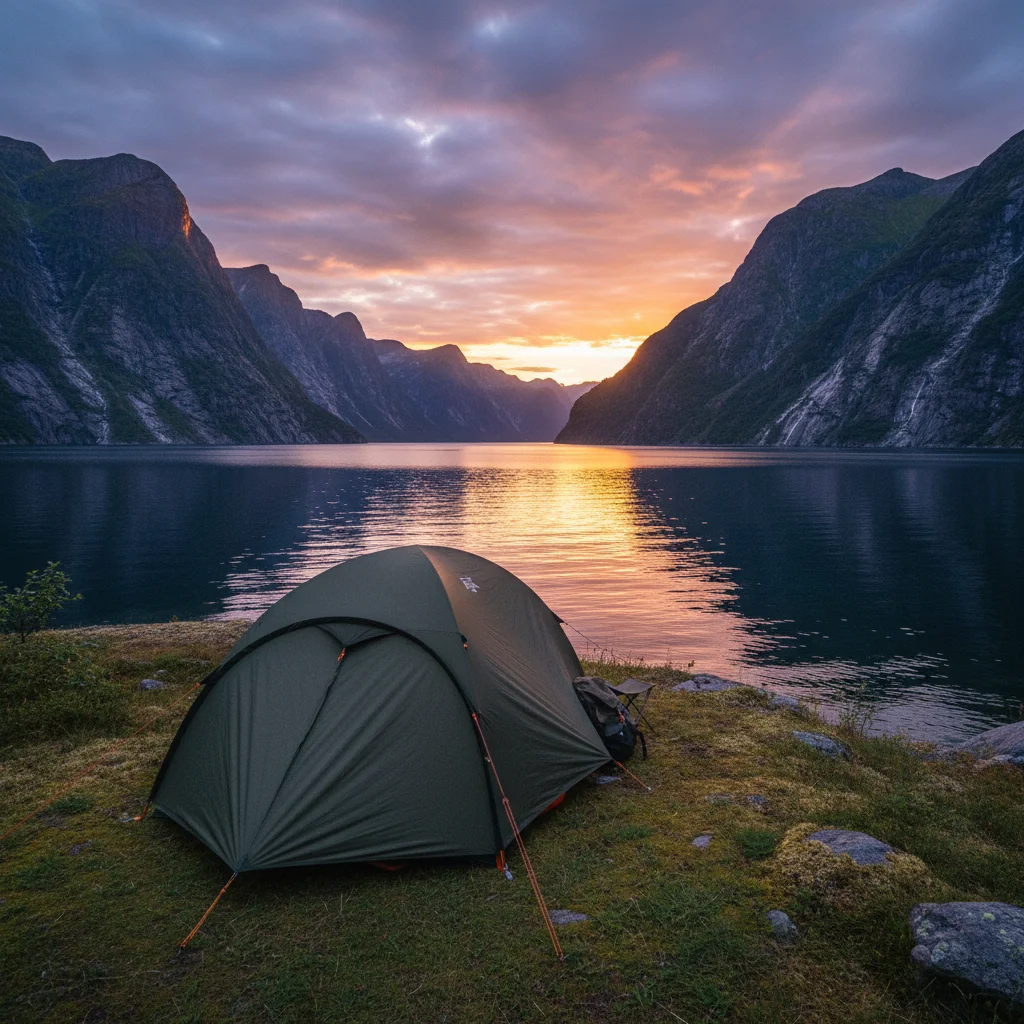 Ein Zelt an einem norwegischen Fjord bei Sonnenuntergang