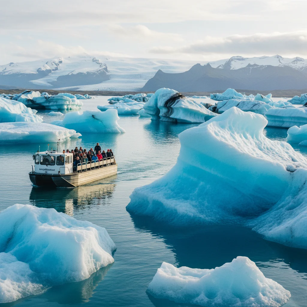 Amphibienboot mit Touristen auf der Jökulsárlón Gletscherlagune zwischen Eisbergen