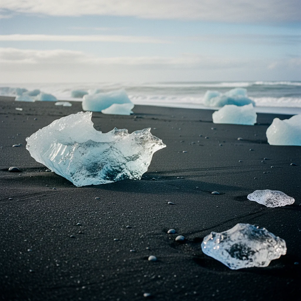 Eisstücke liegen auf dem schwarzen Sandstrand des Diamond Beach in Island