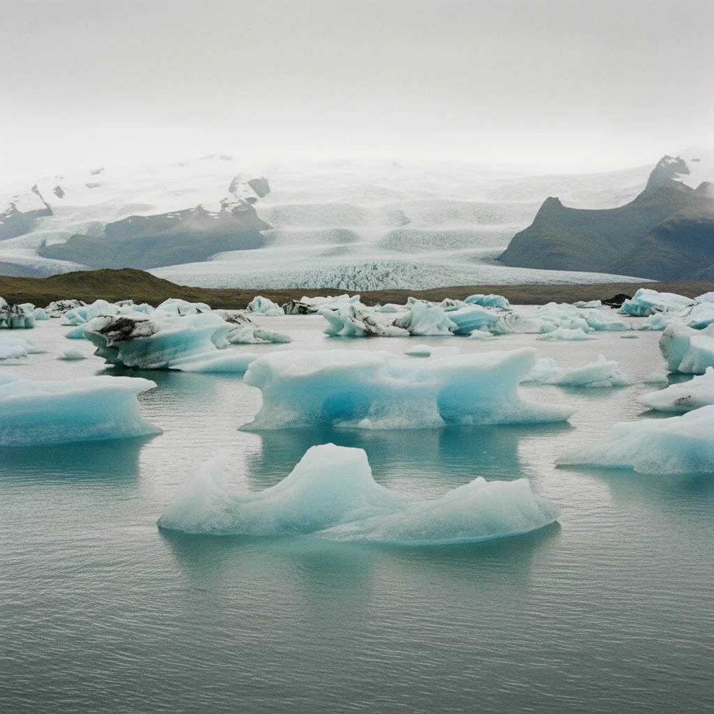 Jökulsárlón Gletscherlagune mit treibenden Eisbergen und Gletscher im Hintergrund