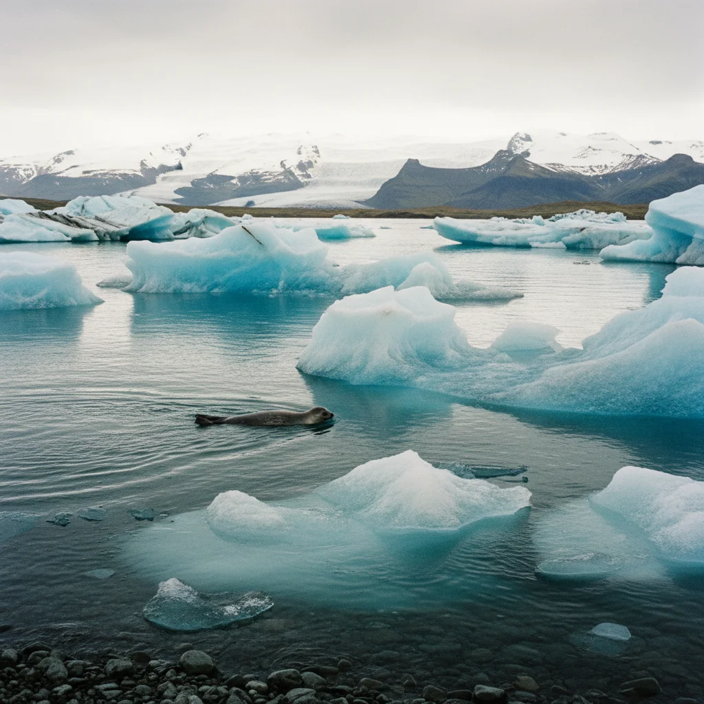Robben ruhen auf einem Eisberg in der Jökulsárlón Gletscherlagune