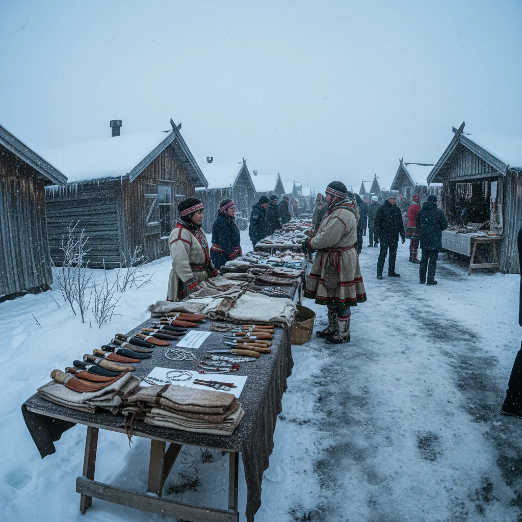 Marktstände auf Jokkmokks Marknad im Winter mit Schnee und Besuchern