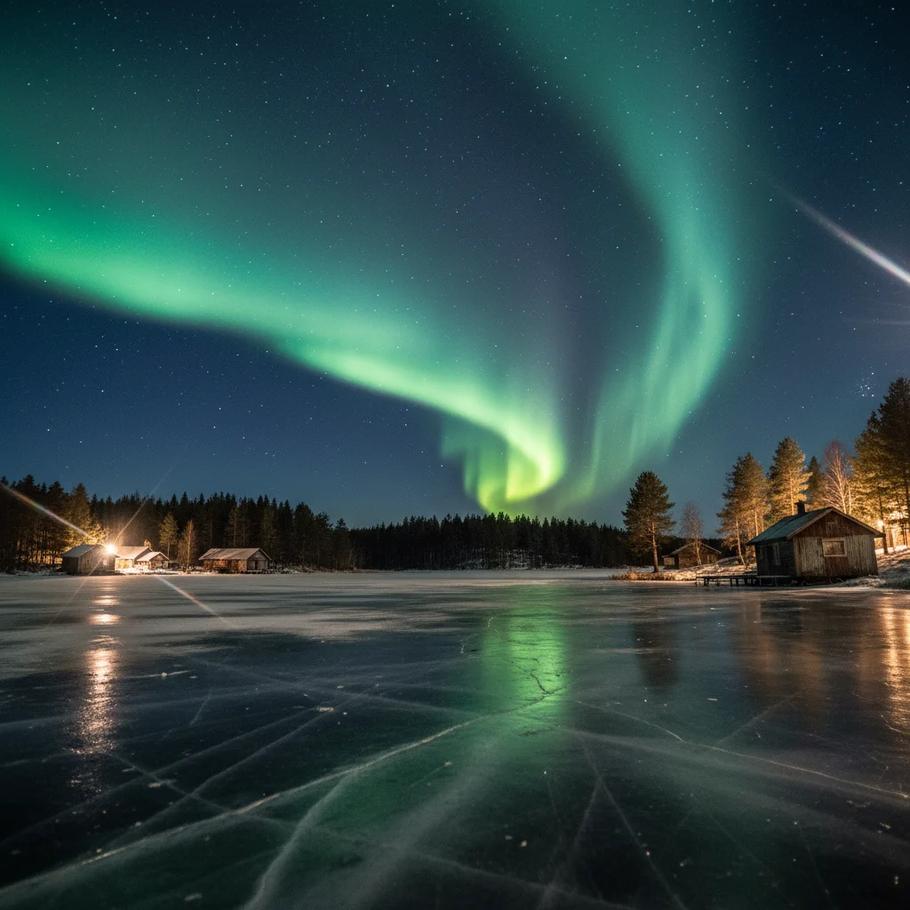 Nordlichter spiegeln sich in einem See bei Jokkmokk