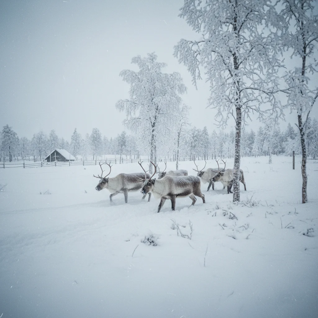 Rentierherde in der verschneiten Winterlandschaft bei Jokkmokk