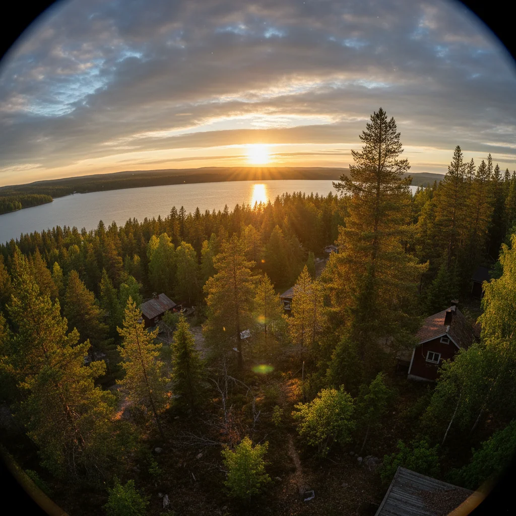 Mitternachtssonne über der Landschaft bei Jokkmokk im Sommer