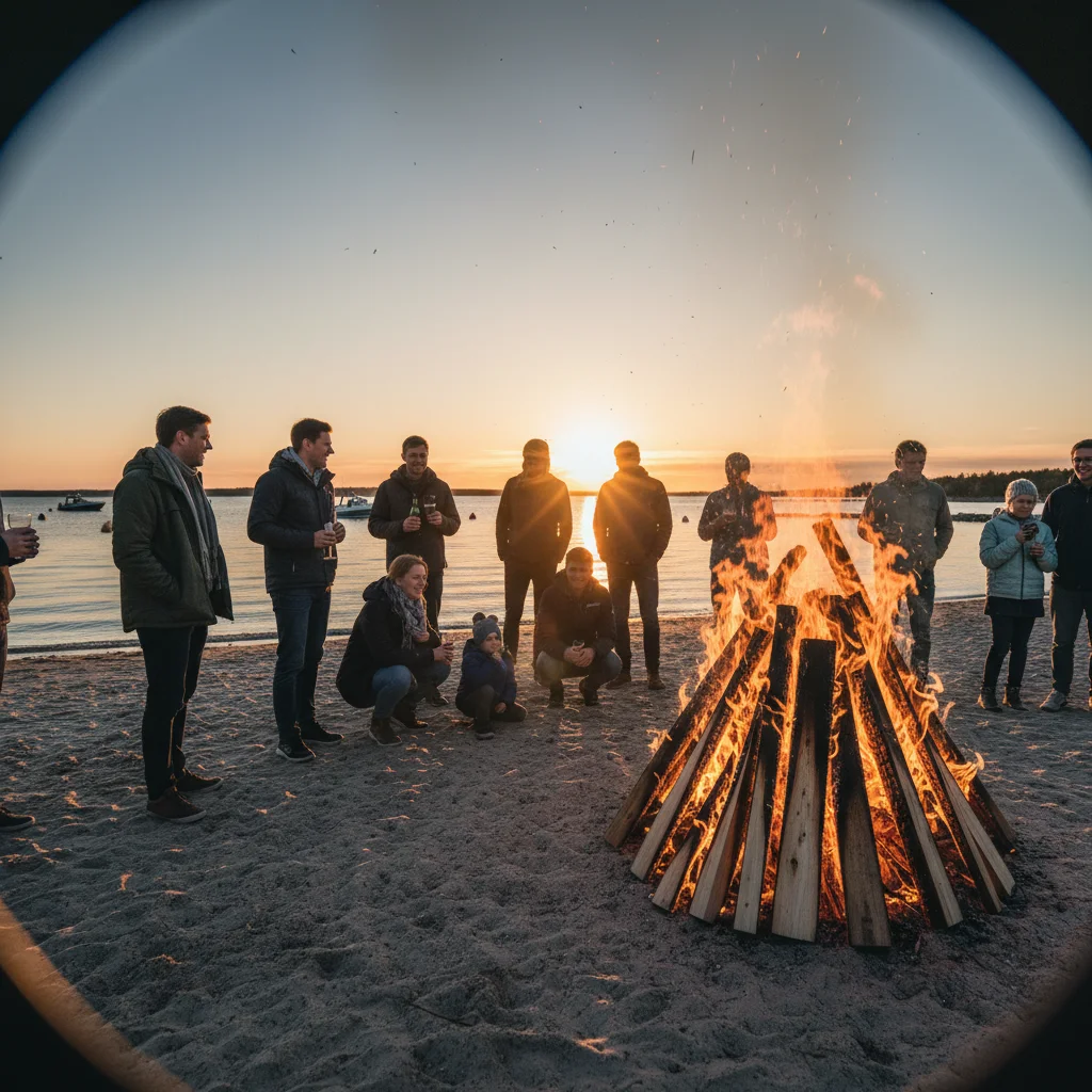 Größes Jonsok-Feuer an einem norwegischen Strand bei Sonnenuntergang