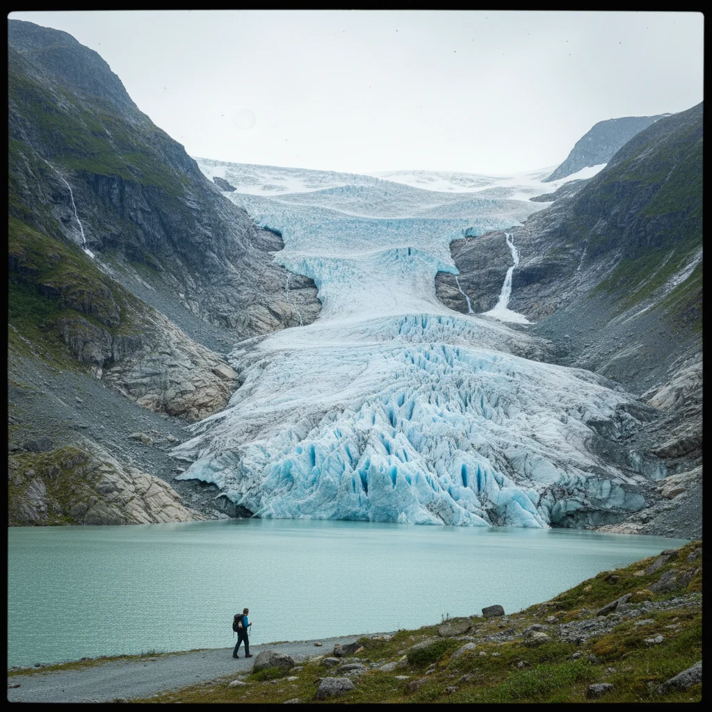 Der Briksdalsbreen Gletscherarm umgeben von steilen Felswänden und Wasserfällen