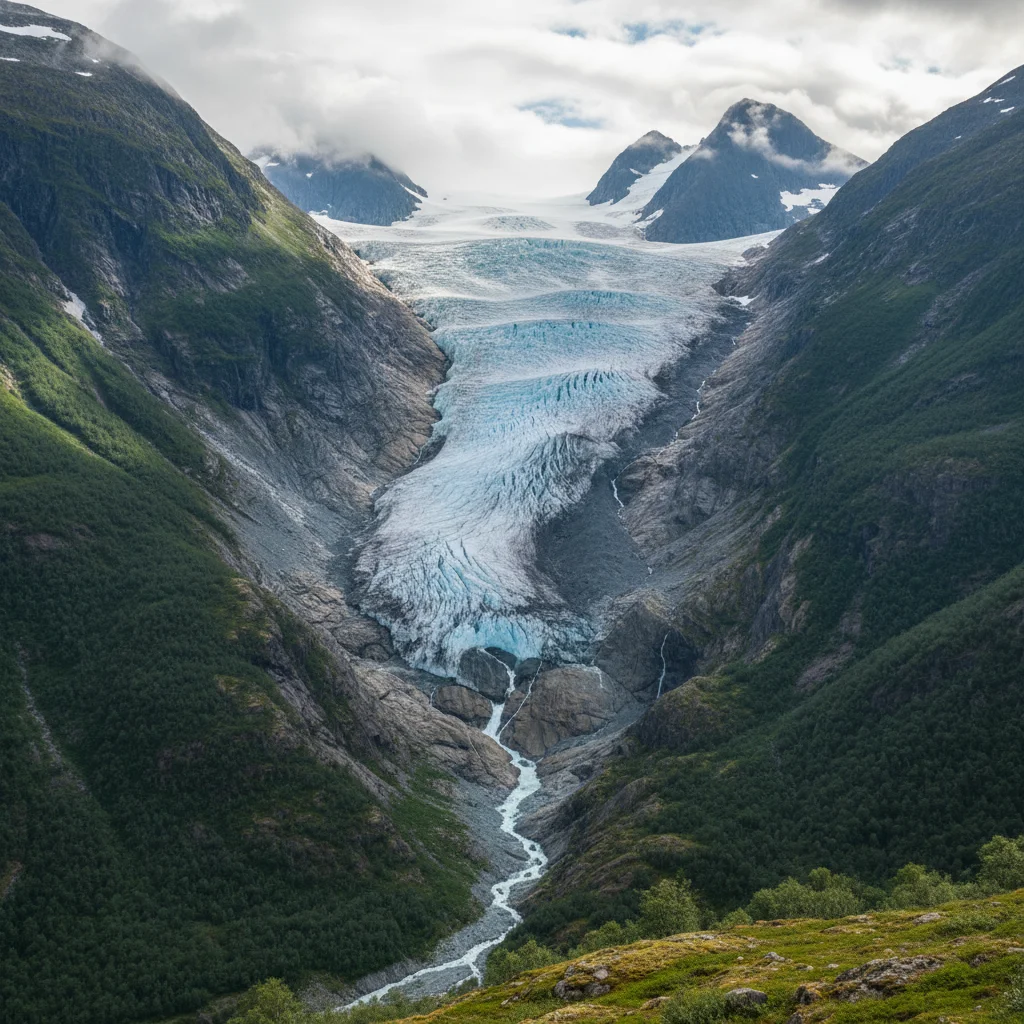 Panoramablick auf den Jostedalsbreen Gletscher von oben, eine weite Eisfläche über Bergkämmen