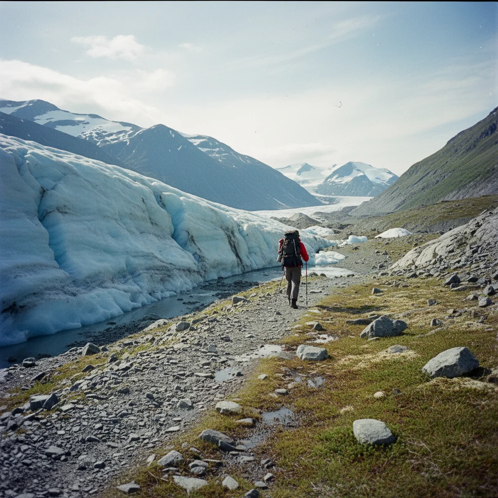 Wanderer mit Steigeisen und Seilen auf dem blauen Eis des Jostedalsbreen