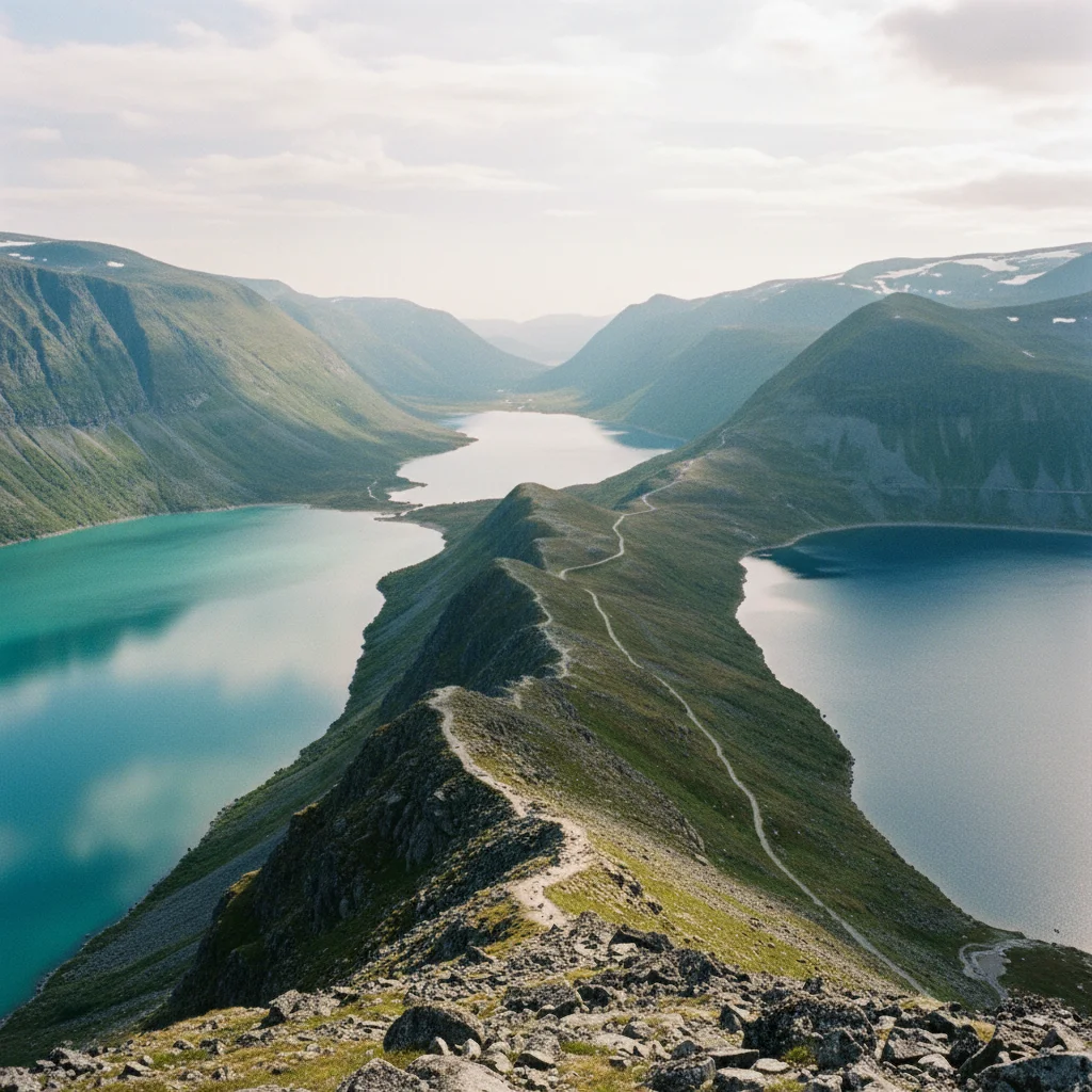 Besseggen-Grat im Jotunheimen mit Blick auf den Gjende-See und den Bessvatnet