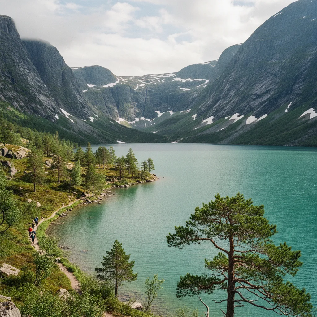 Gjende-See im Jotunheimen mit smaragdgrünem Gletscherwasser