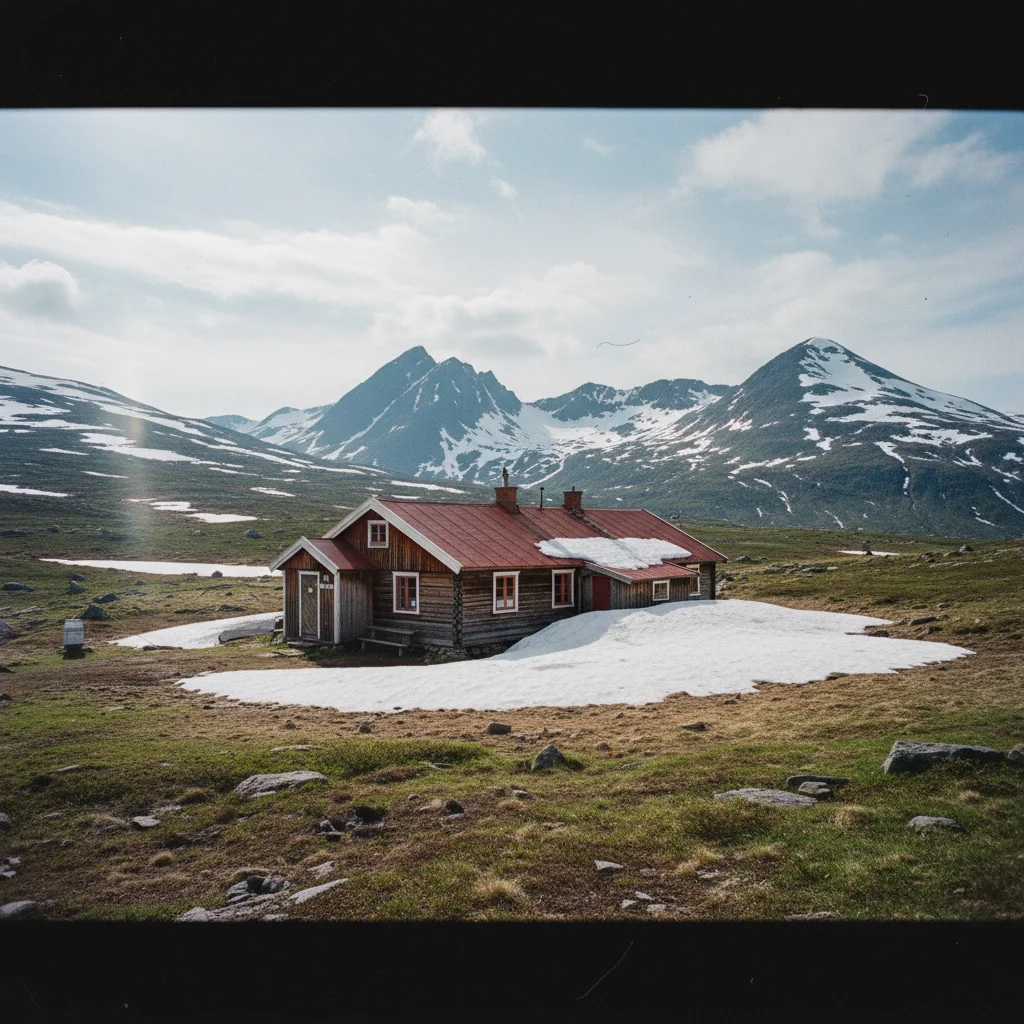 STF-Berghütte im schwedischen Fjäll mit Schneeresten und Gebirgsblick