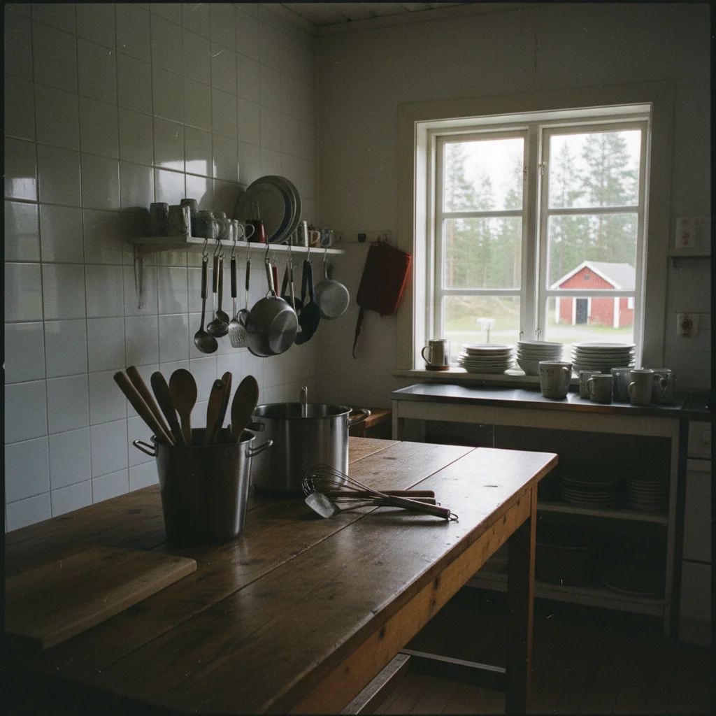 Gemeinschaftsküche in einer schwedischen Jugendherberge mit Kochutensilien und Holztisch
