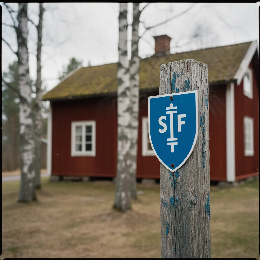 STF-Schild an einer schwedischen Jugendherberge mit rotem Haus im Hintergrund