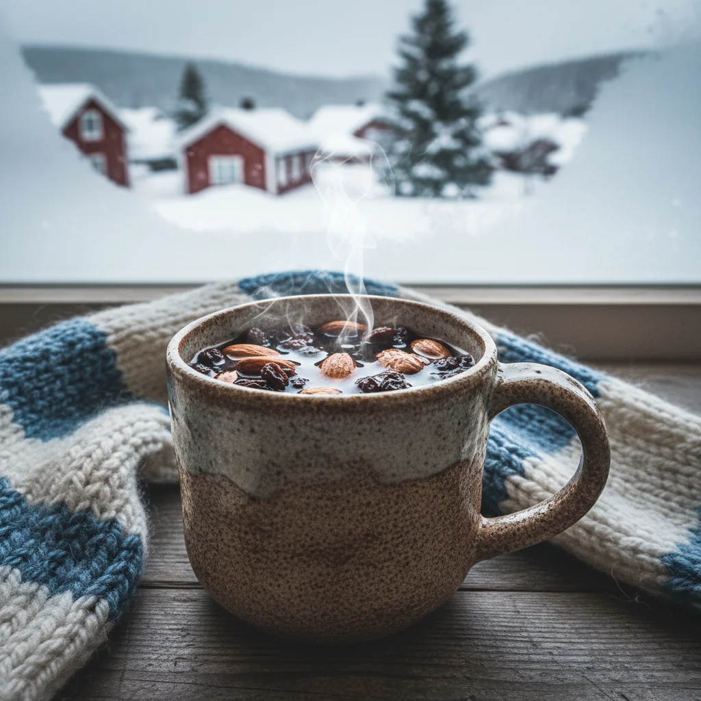 Dänischer Gløgg mit Mandeln und Rosinen in einem Keramikbecher