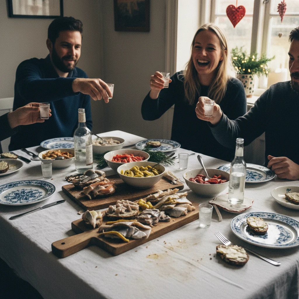 Traditioneller dänischer Julefrokost mit Heringsvariationen und Schnaps