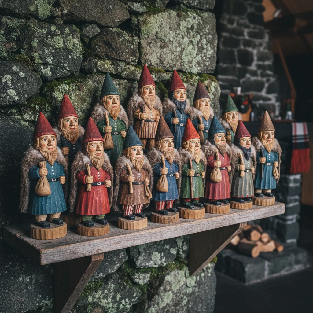 Geschnitzte Figuren der 13 isländischen Jólasveinar in traditioneller Kleidung