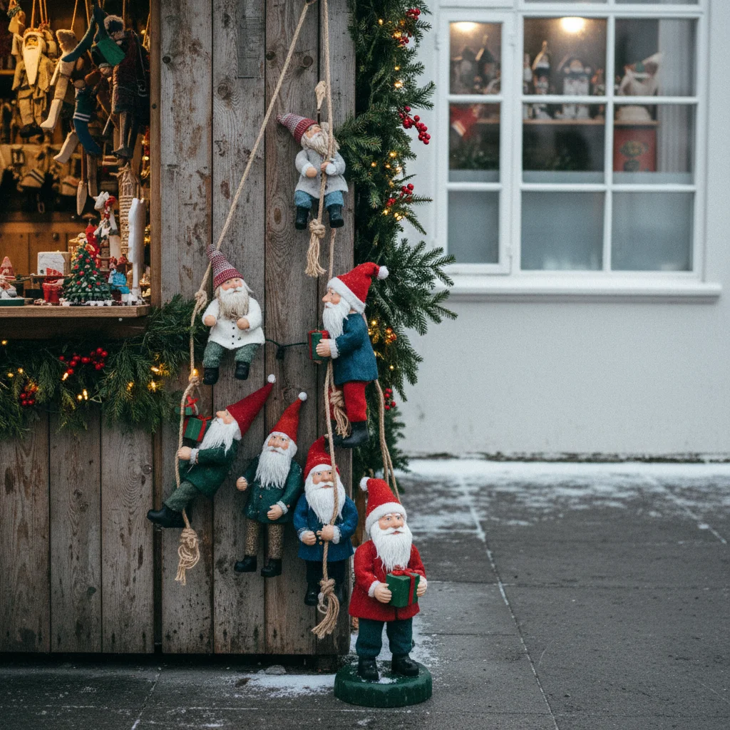 Isländische Weihnachtsdekoration mit Jólasveinar-Motiven in Reykjavík