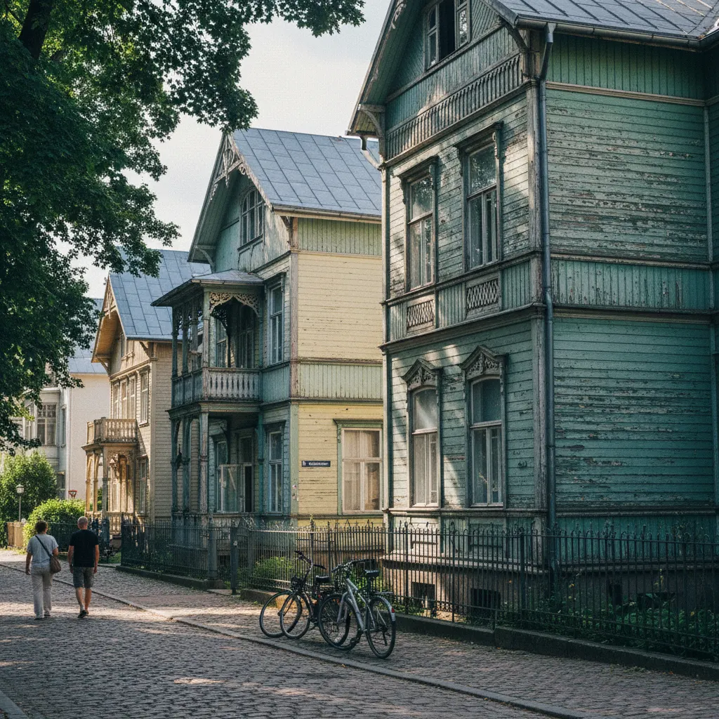 Historische Holzvillen mit verzierten Fassaden in Jūrmala