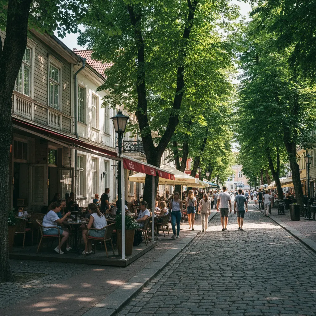 Fußgängerzone Jomas iela in Jūrmala mit Cafés und Bäumen
