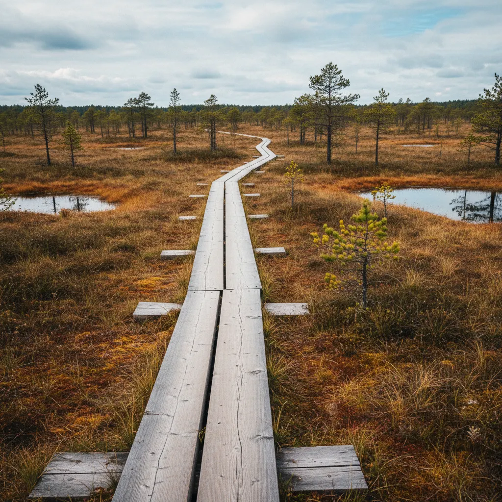 Holzsteg durch das Ķemeri-Hochmoor im Nationalpark bei Jūrmala