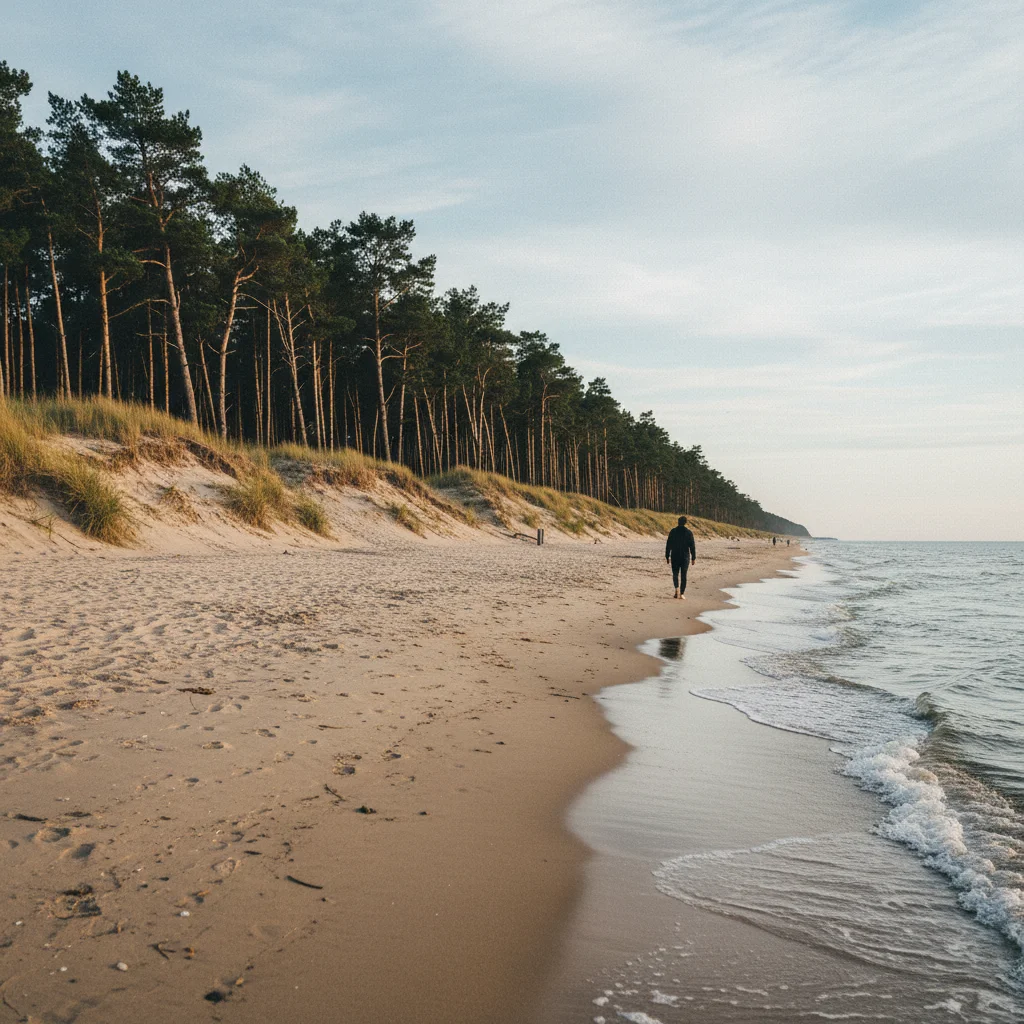 Breiter Sandstrand in Jūrmala mit Dünen und Kiefern im Hintergrund