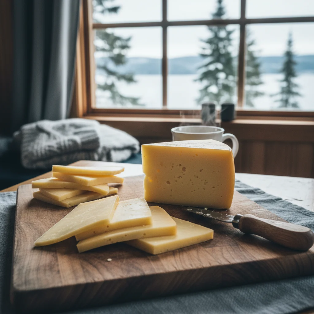 Danbo Käse aufgeschnitten auf einem Brettchen