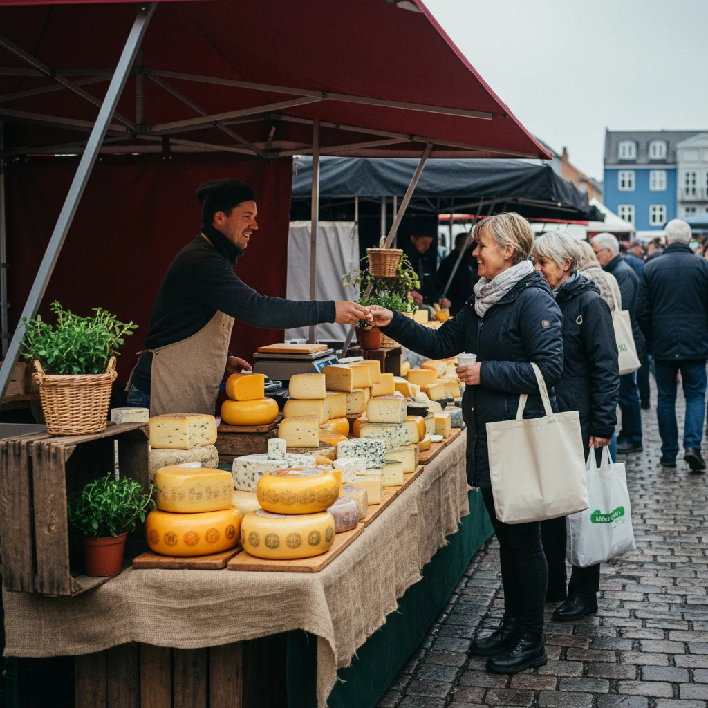 Käsestand auf einem dänischen Wochenmarkt