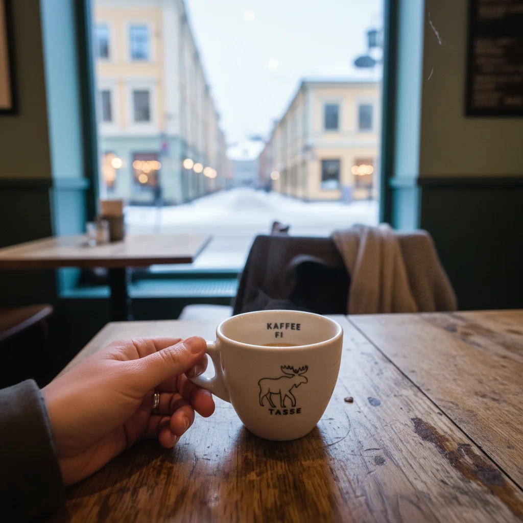 Eine Tasse finnischer Filterkaffee auf einem Holztisch mit Zimtschnecke