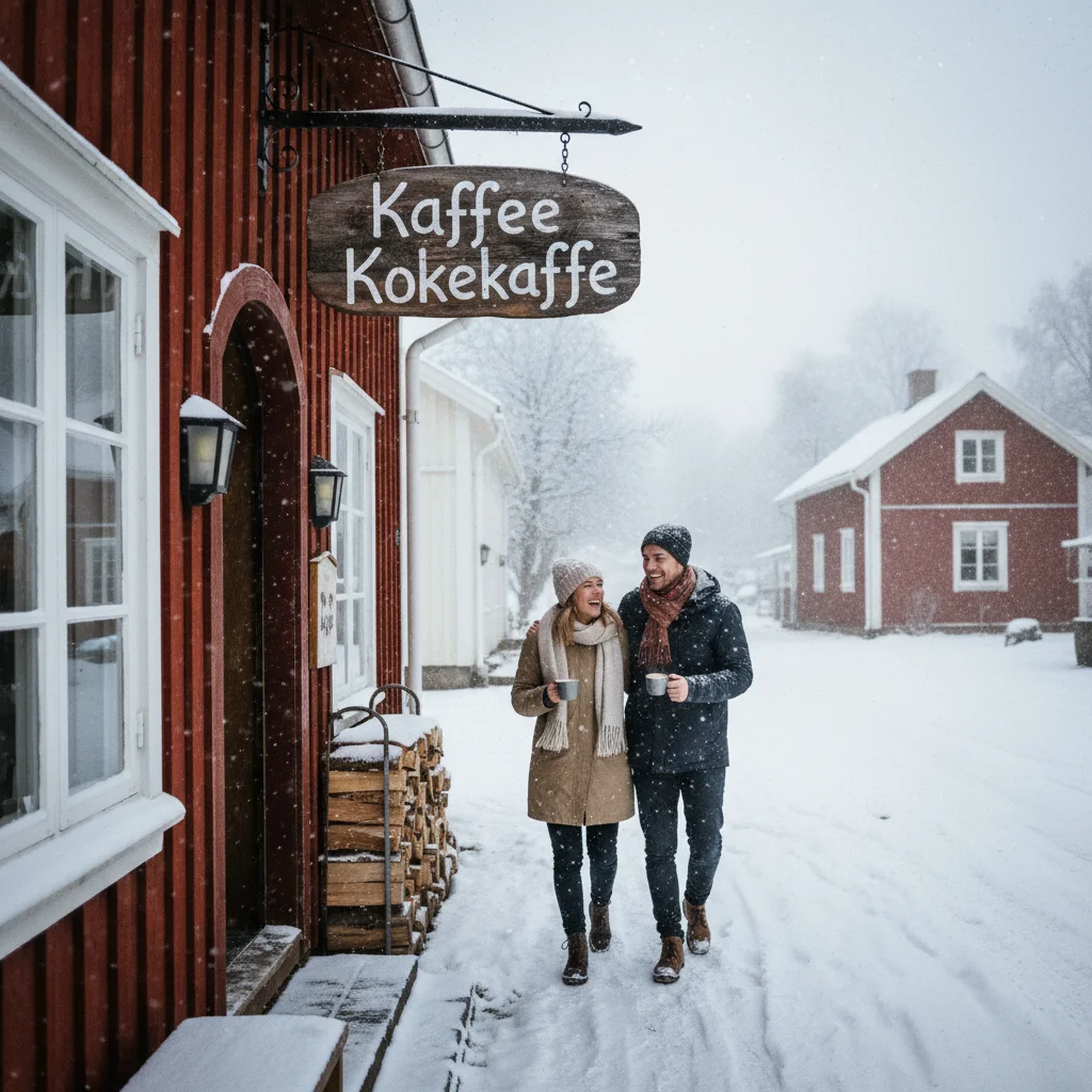 Traditioneller norwegischer Kokekaffe-Kessel über einem Lagerfeuer in der Natur