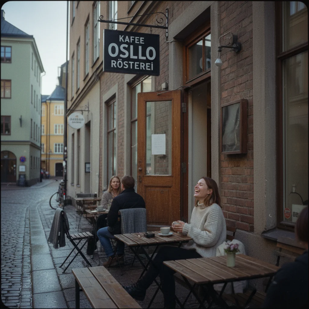 Innenansicht einer modernen Kaffeerösterei in Oslo mit Röstmaschine und Holzeinrichtung