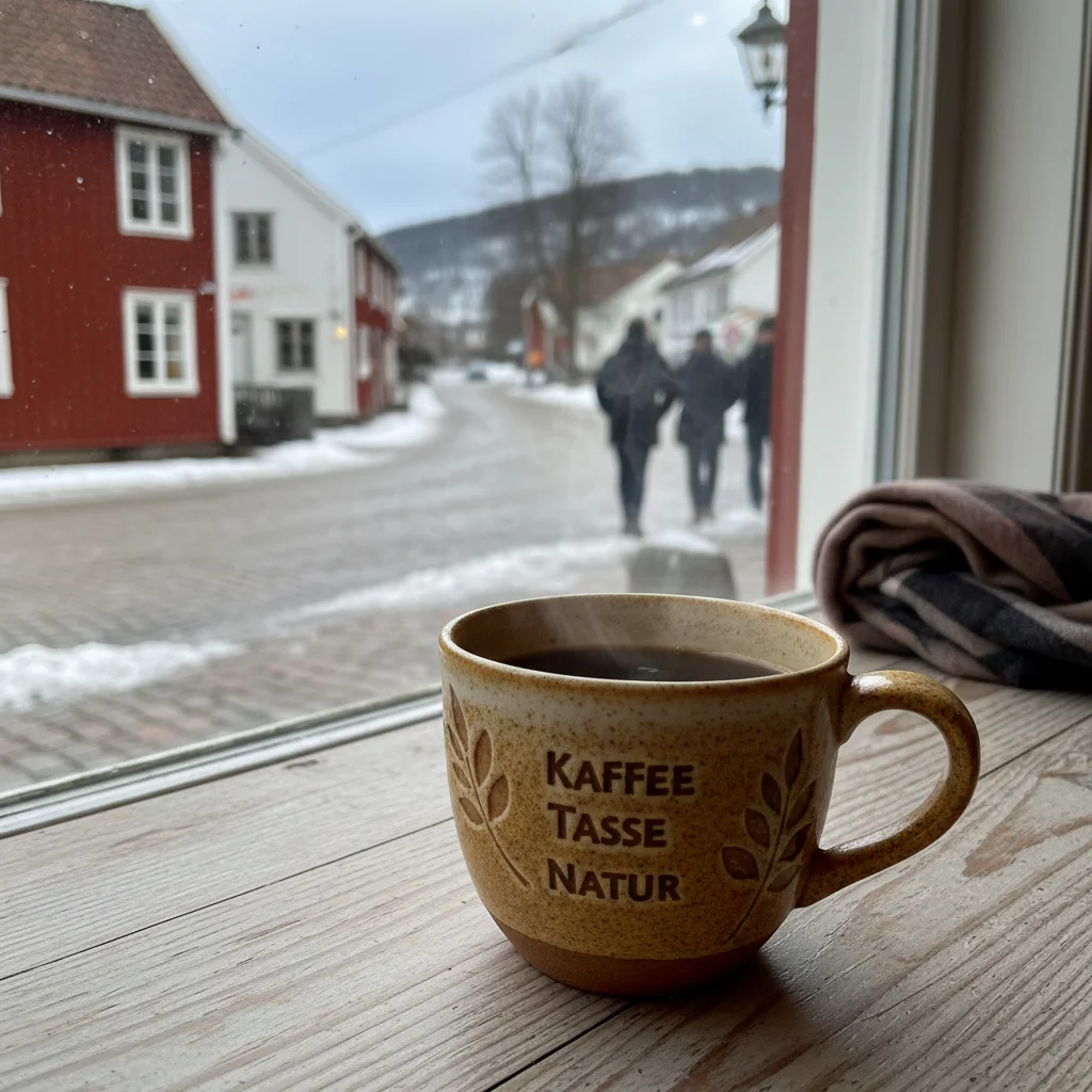 Kaffeetasse auf einem Felsen mit Blick auf einen norwegischen Fjord