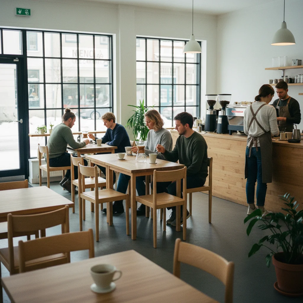 Minimalistisches skandinavisches Café mit Holzmöbeln und Handfilter-Kaffee