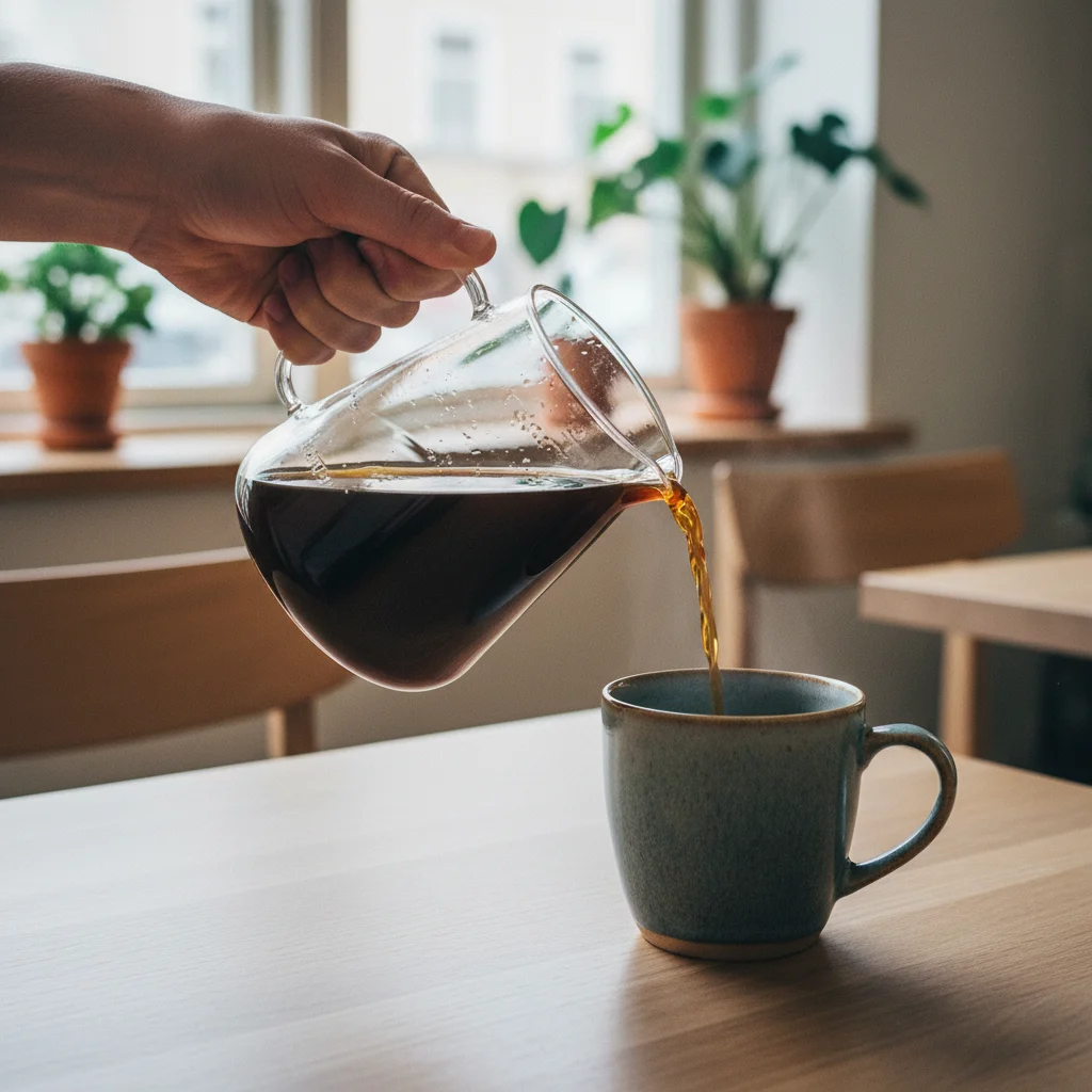 Skandinavischer Filterkaffee wird in eine Tasse gegossen