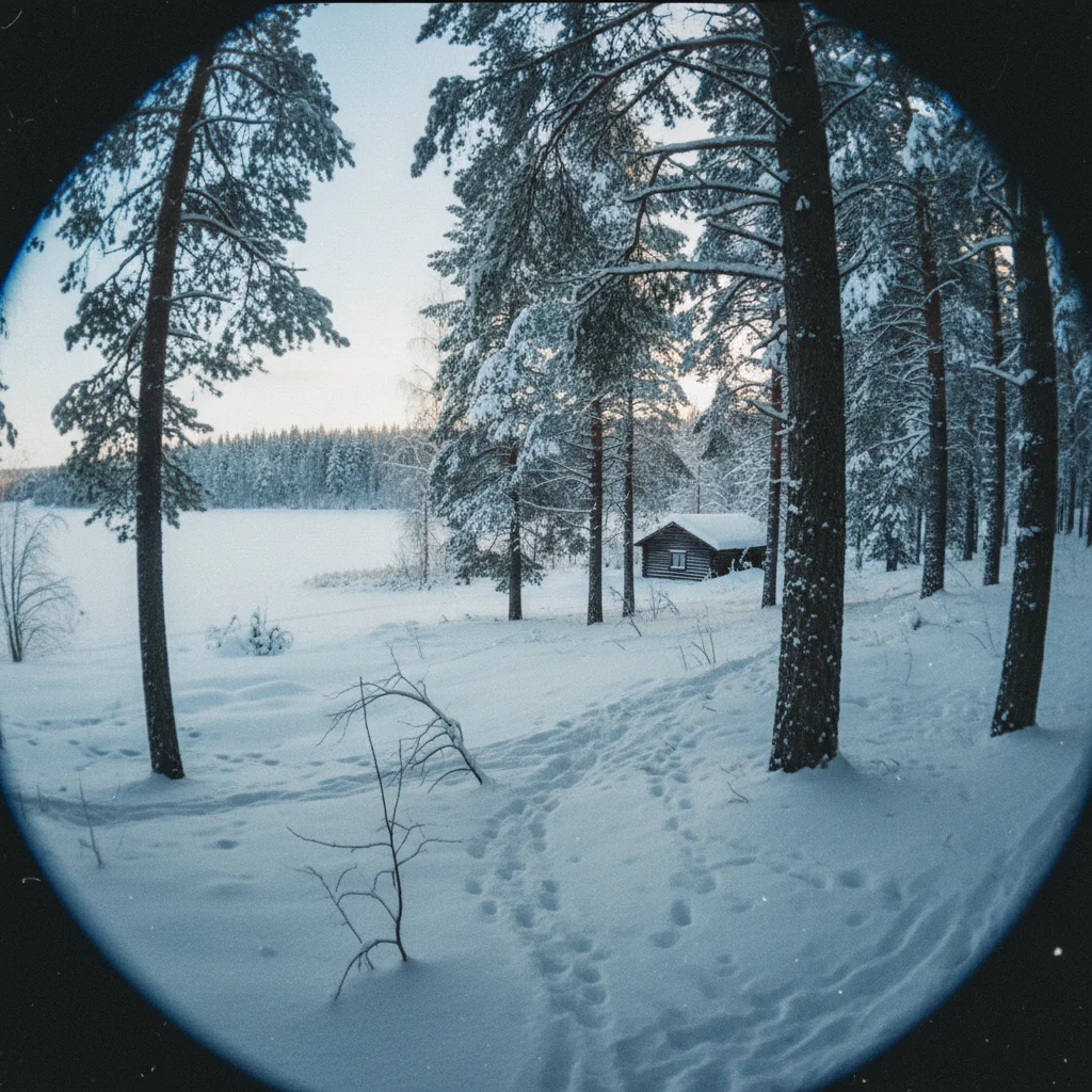 Verschneite Landschaft bei Kajaani im finnischen Winter