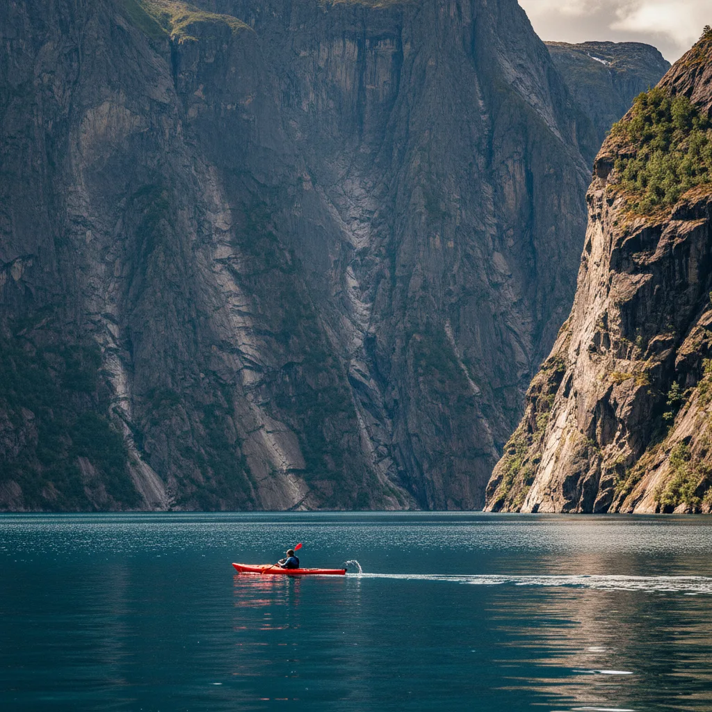 Kajakfahrer in einem norwegischen Fjord mit steilen Felswanden